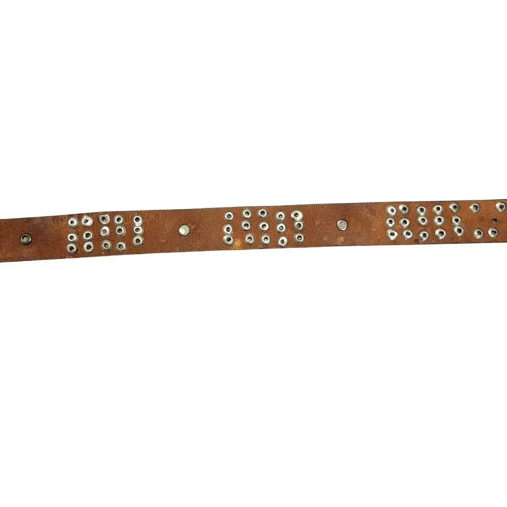 Vintage Brown Leather Studded Concho Belt Four Leaf Clover Silver Tone Boho